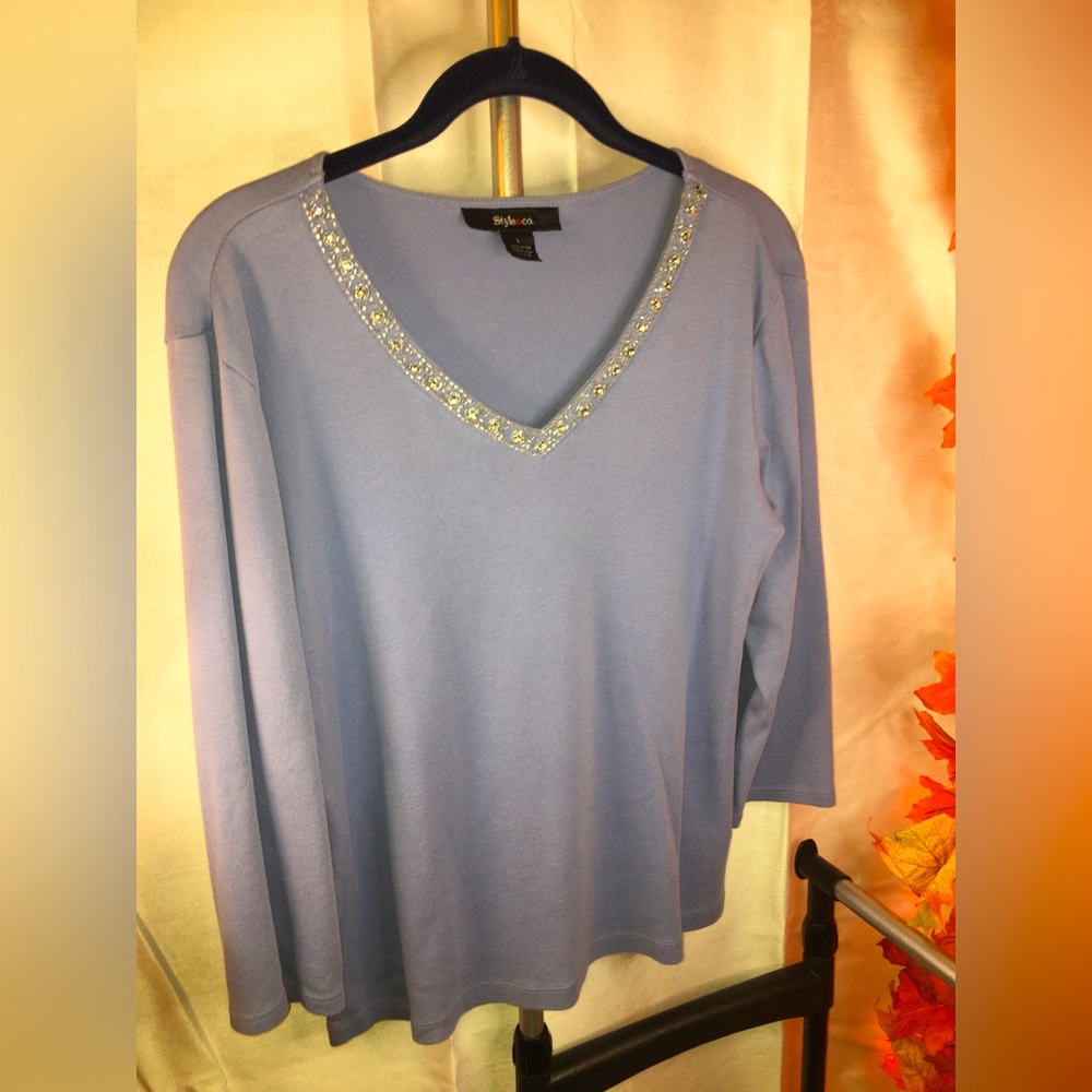 Style & Co. | Women’s Light Blue Top with Bejeweled Neckline